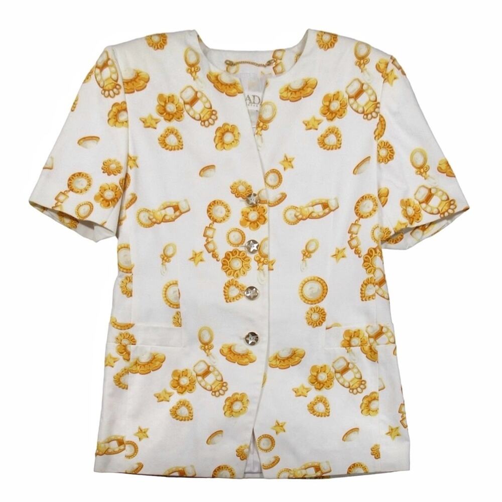 ESCADA Vintage White & Gold Jewel Print Blazer Jacket Women’s Size 40 US 10